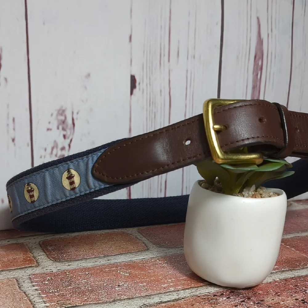 Vineyard Vines Lighthouse Belt Brown Leather and Blue‎ Canvas Size 32 Nautical